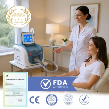 Kosmetyczka konsultuje się z pacjentem obok urządzenia do depilacji Air Essence™ M4 laser 2w1 SHR + IPL w jasnej klinice. Obraz przedstawia logo zatwierdzenia FDA, CE, ISO i ROHS oraz certyfikat zgodności.