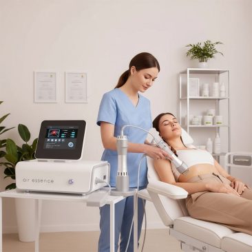 Air Essence™ Vortex V5 podczas zabiegu terapii falą uderzeniową w gabinecie – urządzenie wykorzystywane w fizjoterapii i terapii przeciwbólowej do pracy z wybranymi obszarami układu mięśniowo-szkieletowego.