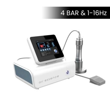 Air Essence™ Vortex V5 – fala uderzeniowa z regulacją do 4 bar i 1–16 Hz, przeznaczona do fizjoterapii, terapii przeciążeń ścięgien, dolegliwości bólowych stawów oraz wsparcia procesów regeneracyjnych.