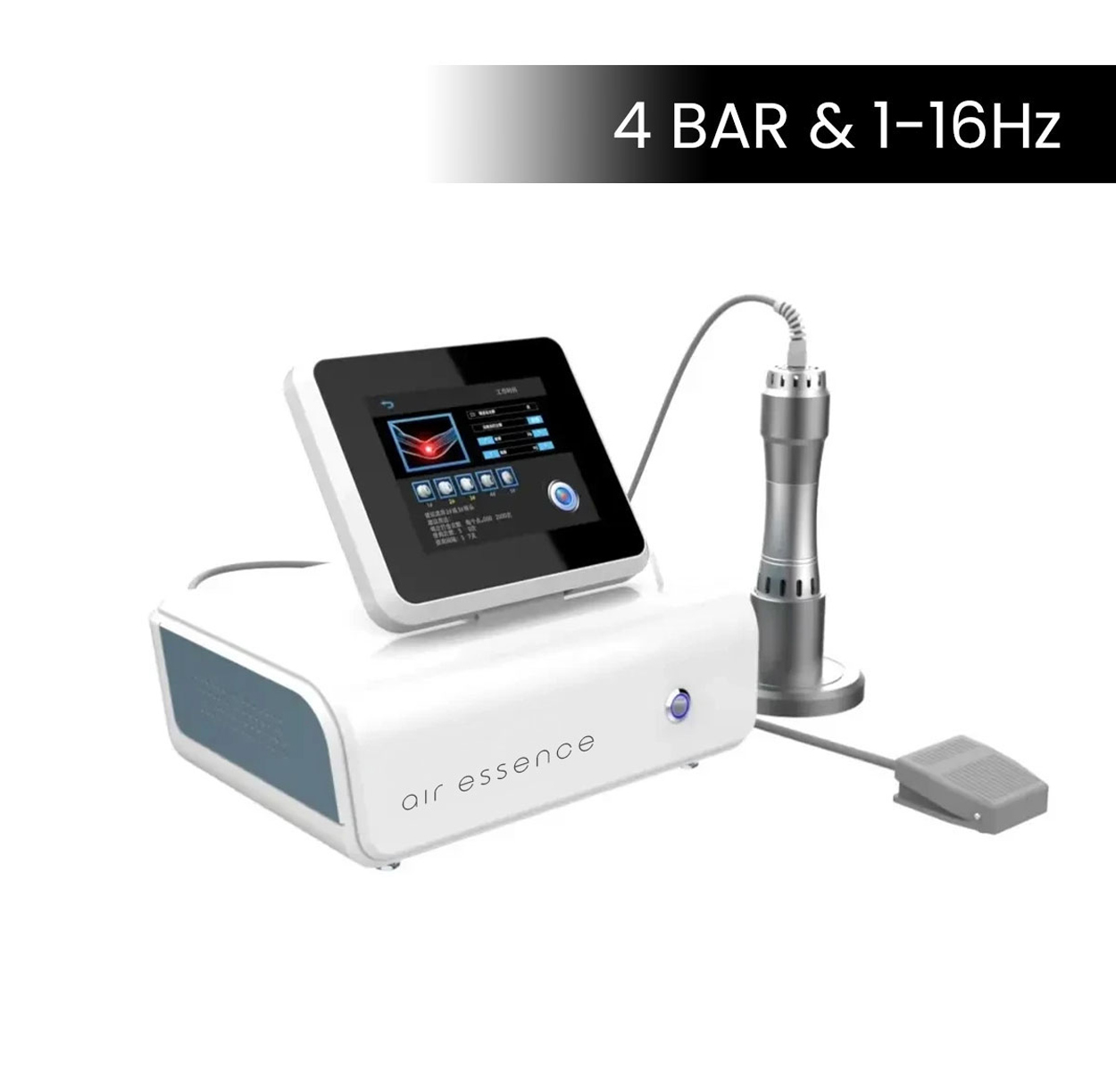 Air Essence™ Vortex V5 – fala uderzeniowa z regulacją do 4 bar i 1–16 Hz, przeznaczona do fizjoterapii, terapii przeciążeń ścięgien, dolegliwości bólowych stawów oraz wsparcia procesów regeneracyjnych.