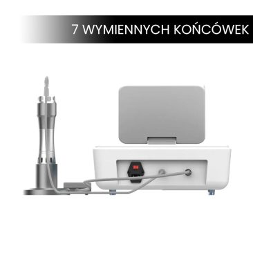 Air Essence™ Vortex V5 – fala uderzeniowa z 7 wymiennymi końcówkami, umożliwiająca dopasowanie terapii do różnych obszarów ciała w fizjoterapii i rehabilitacji.