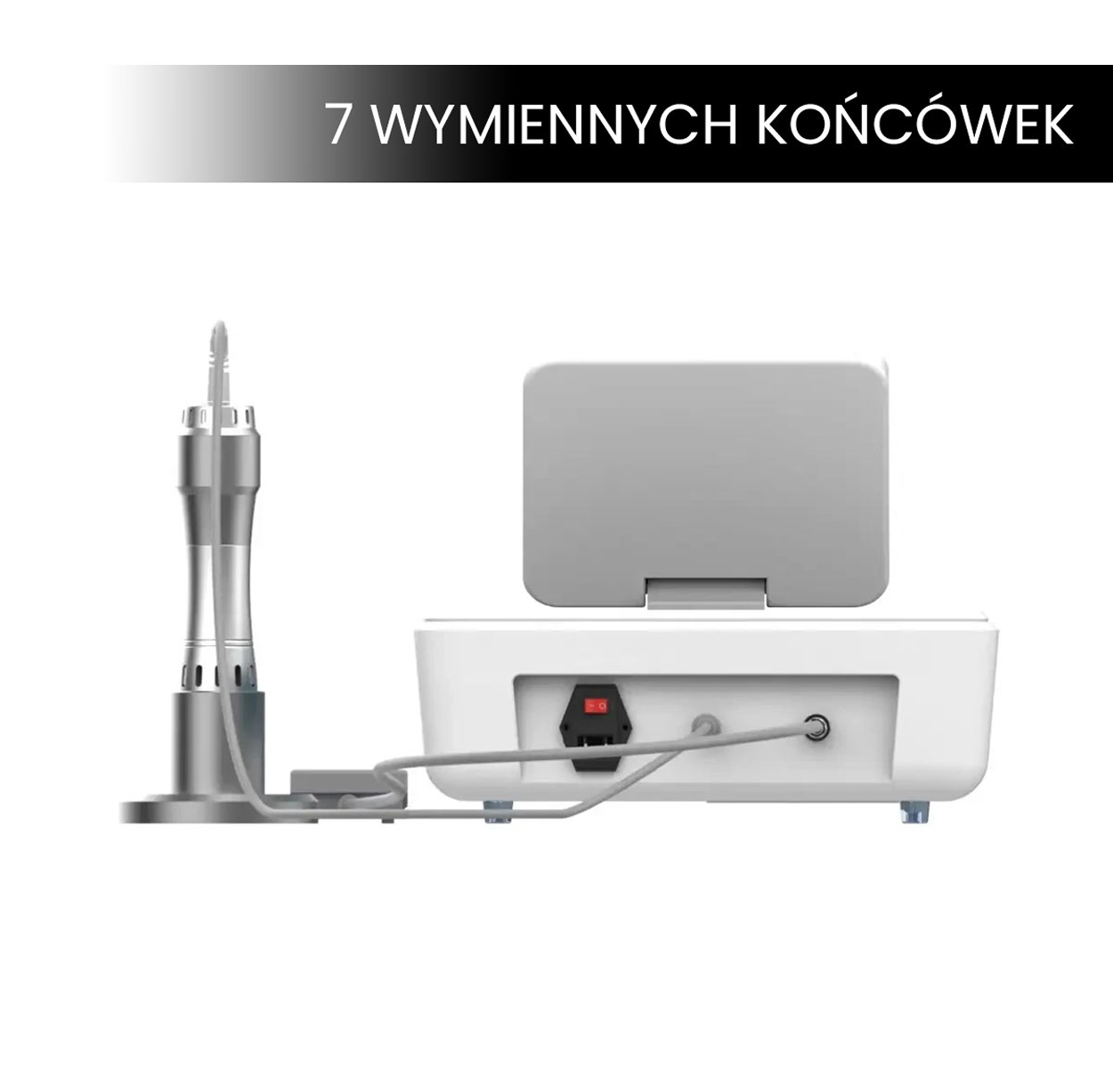 Air Essence™ Vortex V5 – fala uderzeniowa z 7 wymiennymi końcówkami, umożliwiająca dopasowanie terapii do różnych obszarów ciała w fizjoterapii i rehabilitacji.