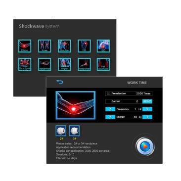 Panel programów Air Essence™ Vortex V5 umożliwia wybór obszaru zabiegowego oraz precyzyjne ustawienie parametrów fali uderzeniowej, takich jak częstotliwość i energia, co pozwala dostosować terapię do konkretnego wskazania w fizjoterapii.