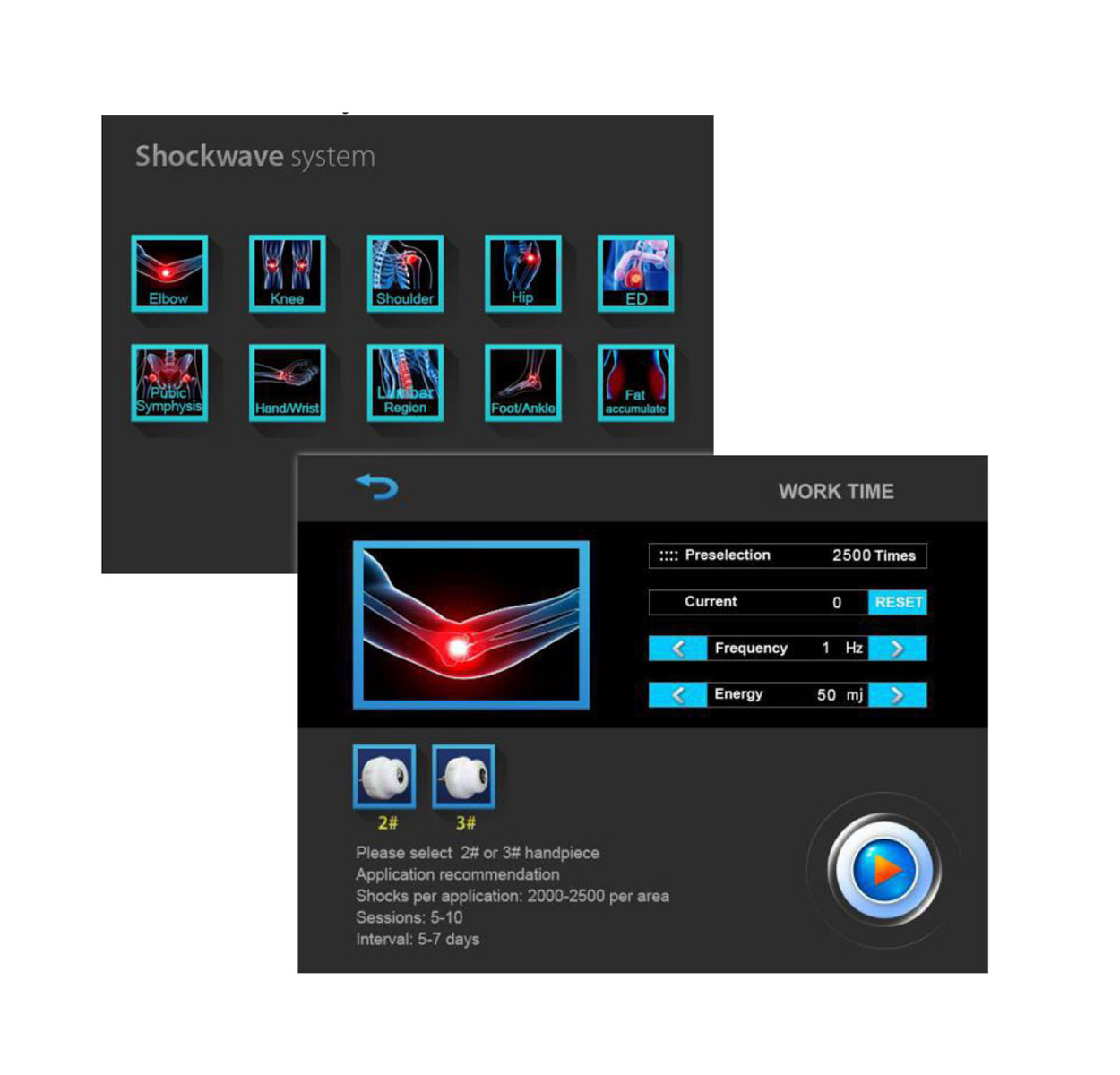 Panel programów Air Essence™ Vortex V5 umożliwia wybór obszaru zabiegowego oraz precyzyjne ustawienie parametrów fali uderzeniowej, takich jak częstotliwość i energia, co pozwala dostosować terapię do konkretnego wskazania w fizjoterapii.