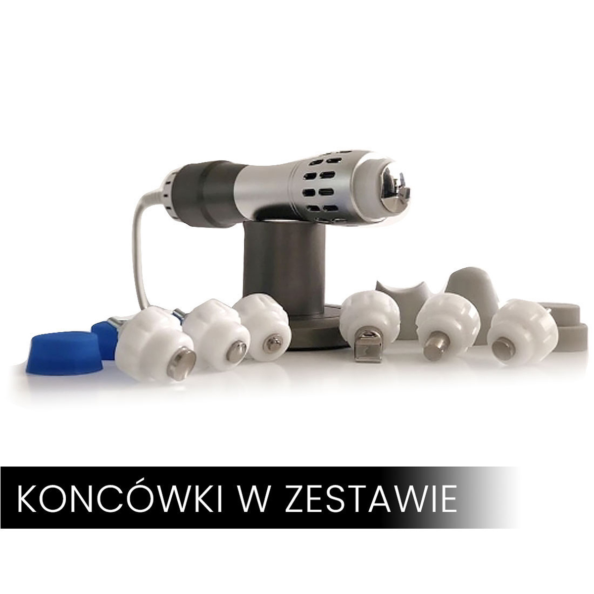 Zestaw końcówek do Air Essence™ Vortex V5 umożliwia precyzyjne dopasowanie terapii falą uderzeniową do wybranego obszaru zabiegowego, zwiększając skuteczność pracy w fizjoterapii i rehabilitacji.