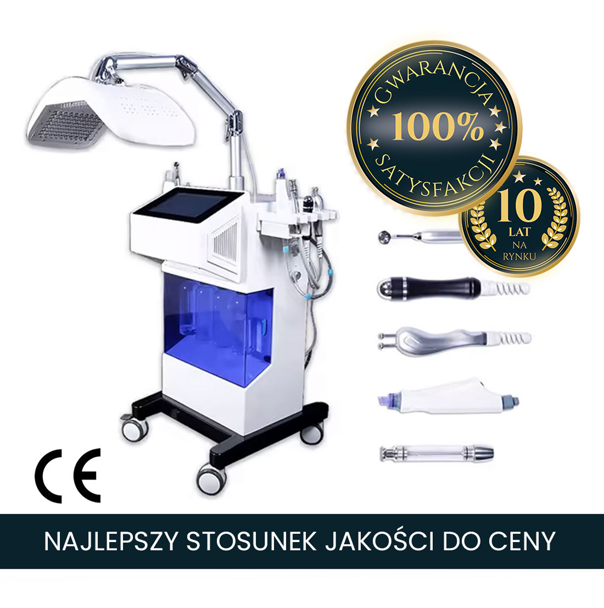Air Essence™ SPA600 to profesjonalne urządzenie do pielęgnacji twarzy 8w1 z mikrodermabrazją diamentową, ekranem dotykowym i lampą LED. Złote oznaczenia gwarancji satysfakcji, 10 lat na rynku i świetny stosunek jakości do ceny.