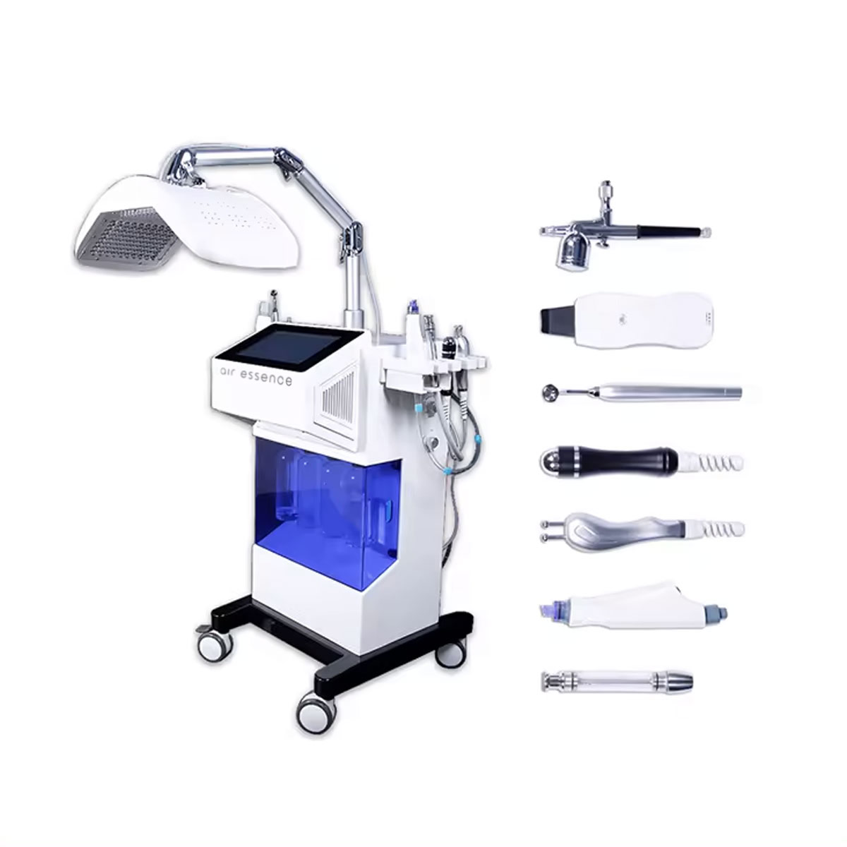 Air Essence™ SPA600 to wielofunkcyjne urządzenie 8 w 1 do pielęgnacji skóry twarzy na kółkach, wyposażone w niebieski zbiornik na wodę, ekran dotykowy, lampę terapeutyczną LED i odłączane siedem końcówek do różnych zabiegów, takich jak mikrodermabrazja diamentowa.