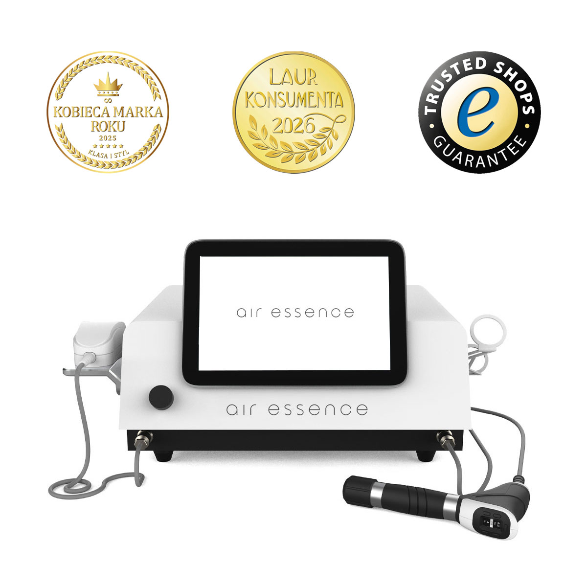 Air Essence Vortex V13 urządzenie do terapii falą uderzeniową pneumatyczną i ultradźwiękami z ekranem dotykowym oraz głowicami zabiegowymi, z widocznymi wyróżnieniami Kobieca Marka Roku 2025, Laur Konsumenta 2026 i certyfikatem Trusted Shops Guarantee