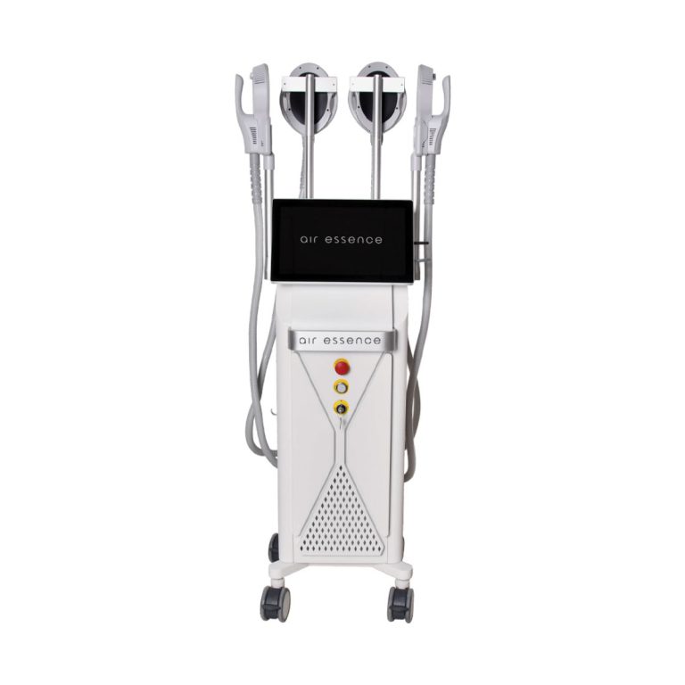 Widok z przodu urządzenia Air Essence™ EMSBody stymulator mięśni Air Essence HIEMT MT2024 z falami radiowymi RF do modelowania sylwetki z dużym ekranem dotykowym oraz czterema aplikatorami zabiegowymi przeznaczonymi do intensywnej stymulacji mięśni i wsparcia kształtowania ciała.