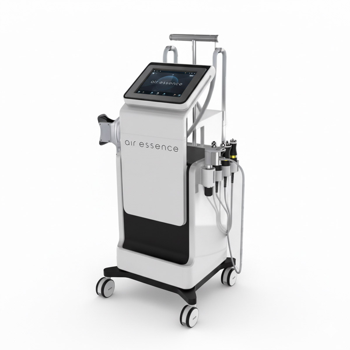 Fala uderzeniowa Air Essence™ MixCool PRO1 to biało-czarne urządzenie 3w1 na kółkach, z ekranem dotykowym, oferujące skoncentrowaną terapię elektromagnetyczną falą uderzeniową, kriolipolizę i rolkę masującą RF do pielęgnacji skóry lub zabiegów kosmetycznych.