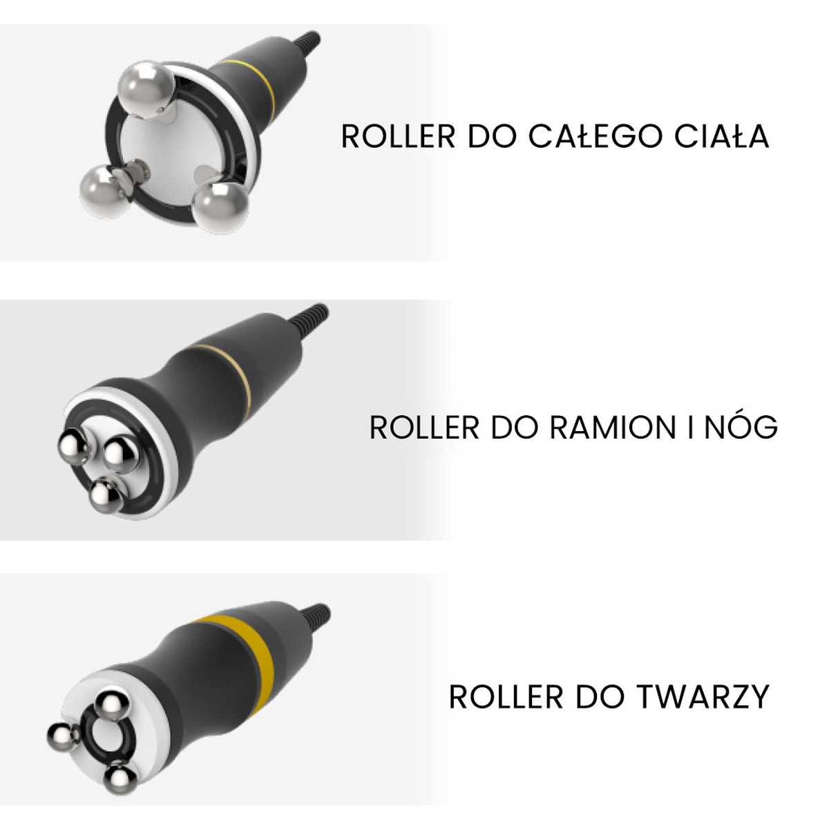 Zestaw wałków RF do masażu kompatybilnych z Air Essence™ MixCool PRO1. Na zdjęciu widoczne trzy aplikatory: roller do całego ciała, roller do ramion i nóg oraz roller do twarzy. Wymienne głowice umożliwiają dopasowanie zabiegu radiofrekwencji do różnych obszarów ciała, wspierając ujędrnianie skóry, poprawę napięcia oraz modelowanie sylwetki.