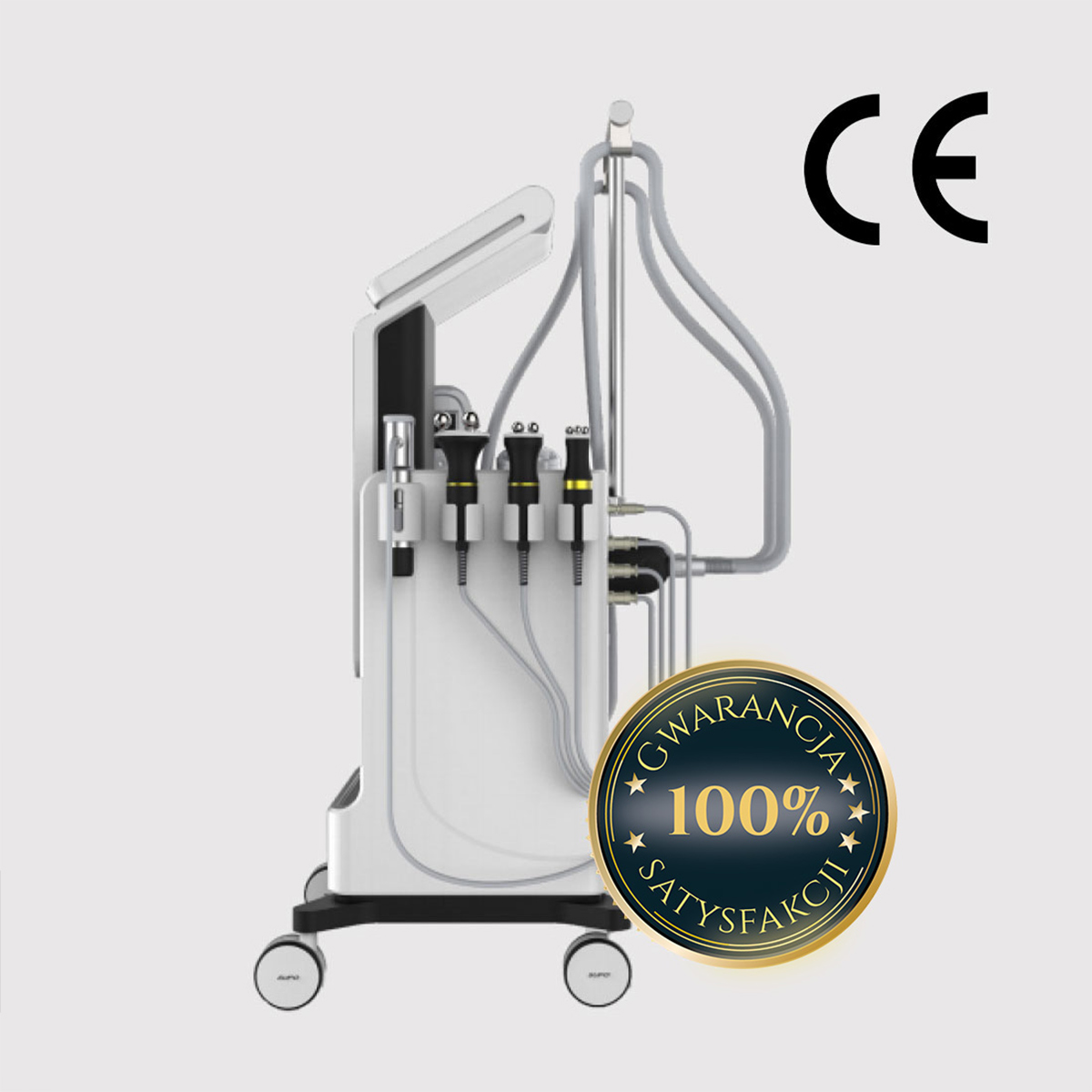 Fala uderzeniowa Air Essence™ MixCool PRO1 to biało-czarne urządzenie medyczne 3 w 1 na kółkach do terapii zogniskowaną falą uderzeniową, kriolipolizy i rolki masującej RF, ze znakiem CE u góry po prawej stronie i plakietką 100% GWARANCJA SATYSFAKCJI u dołu po prawej stronie.