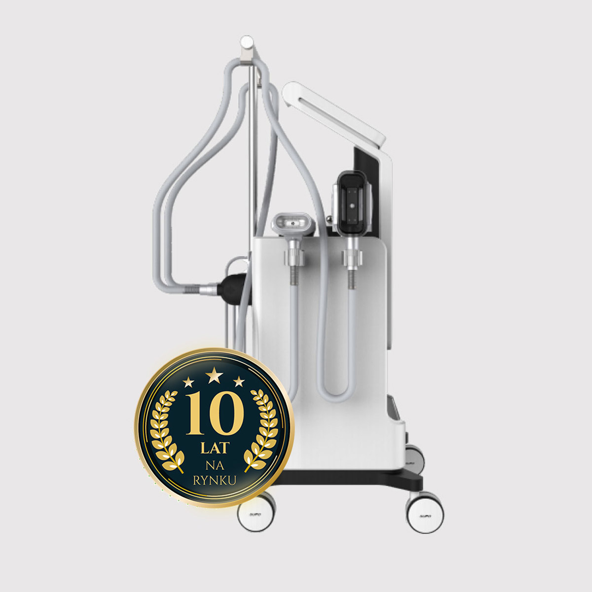 Air Essence™ MixCool PRO1 urządzenie 3w1 do modelowania sylwetki w widoku bocznym. System wyposażony w głowicę do fali uderzeniowej elektromagnetycznej skupionej, moduł kriolipolizy oraz aplikator RF z wałkiem do masażu. Profesjonalny sprzęt do redukcji tkanki tłuszczowej, poprawy jędrności skóry i terapii cellulitu w gabinecie kosmetologicznym.