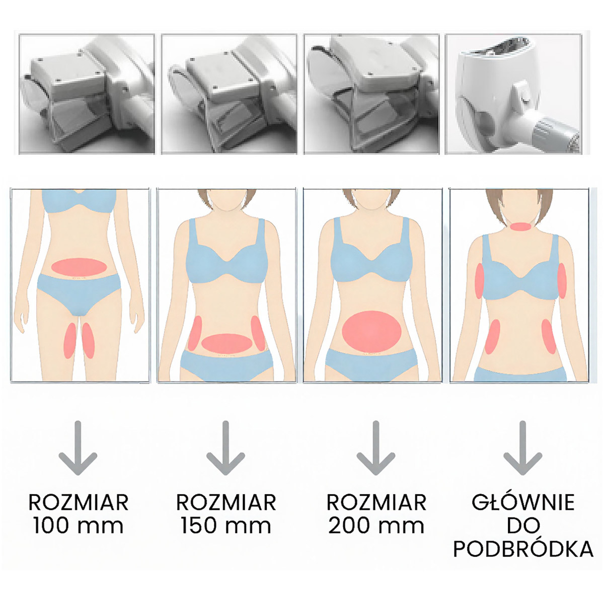 Różne rozmiary głowic kriolipolizy kompatybilnych z Air Essence™ MixCool PRO1, umożliwiające precyzyjne dopasowanie zabiegu do wybranego obszaru ciała. Na grafice przedstawiono aplikatory o szerokości 100 mm, 150 mm oraz 200 mm, przeznaczone do modelowania takich partii jak brzuch, boczki, uda czy dolna część pleców, a także mniejszą głowicę dedykowaną głównie do podbródka. Zróżnicowane rozmiary pozwalają na skuteczną redukcję tkanki tłuszczowej oraz indywidualne dopasowanie terapii do potrzeb pacjenta.