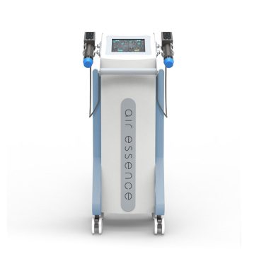 Air Essence Vortex V10 urządzenie do terapii elektromagnetyczną falą uderzeniową skupioną stosowane w fizjoterapii do redukcji bólu i regeneracji tkanek z dwoma głowicami zabiegowymi i mobilną podstawą na kółkach, widok frontowy na jasnym tle