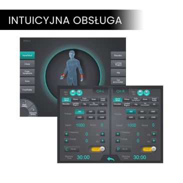 Ekran dotykowy urządzenia Air Essence Vortex V10 do terapii elektromagnetyczną falą uderzeniową skupioną z intuicyjnym menu wyboru obszaru ciała oraz regulacją częstotliwości, energii i czasu zabiegu.
