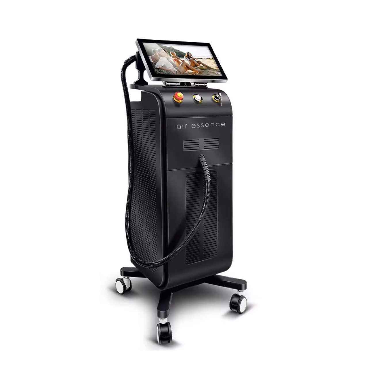 Czarny laser diodowy Harmattan IPL z ekranem dotykowym, panelem sterowania i aplikatorem na przewodzie, na mobilnej podstawie z kółkami