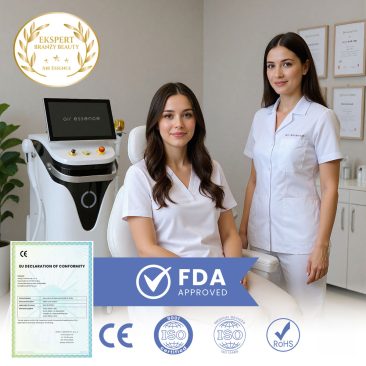 Gabinet kosmetyczny z urządzeniem Harmattan IPL White oraz personelem medycznym; widoczne certyfikaty bezpieczeństwa CE, FDA, ISO i RoHS potwierdzające jakość i zgodność