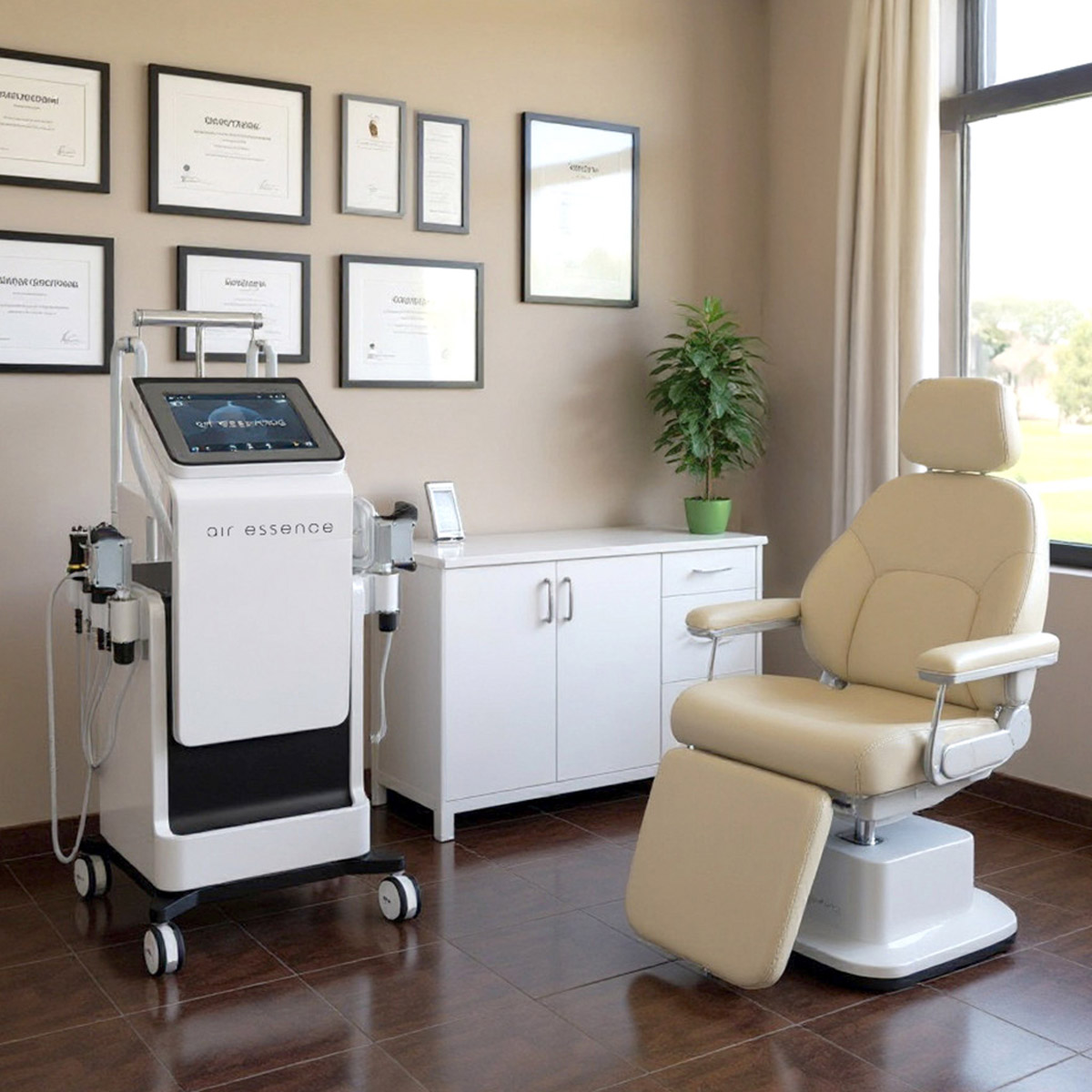 Nowoczesny gabinet zabiegowy z beżowym rozkładanym fotelem, białą szafką, oprawionymi certyfikatami, dużym oknem i urządzeniem Air Essence™ MixCool PRO1 - zaawansowanym urządzeniem 3 w 1 do terapii elektromagnetyczną falą uderzeniową, kriolipolizą i masażem rolkowym RF.