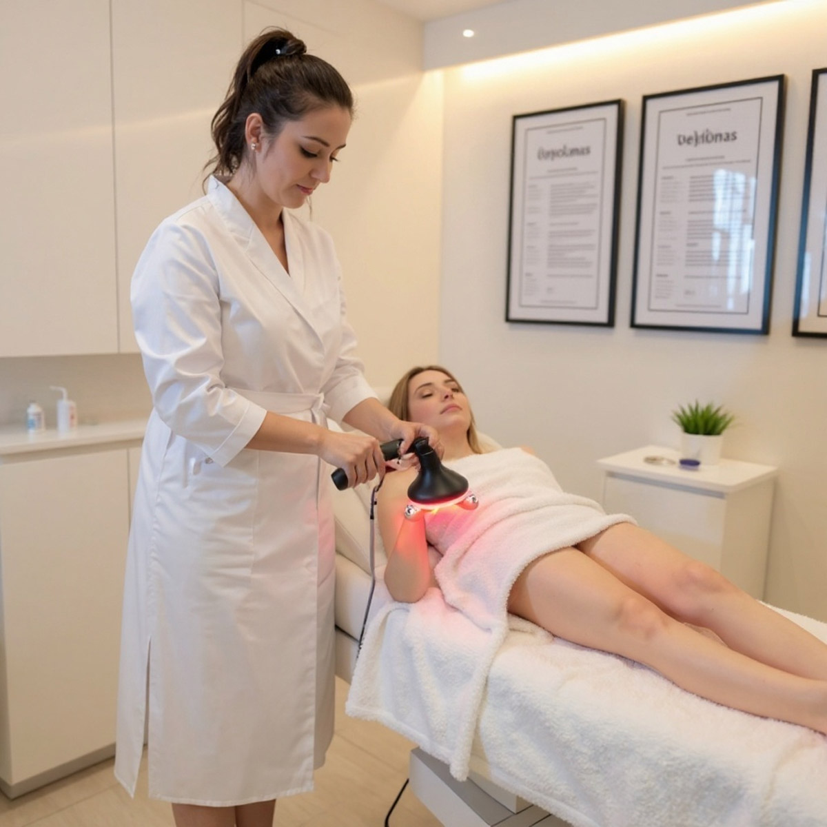 Zabieg falą uderzeniową wykonywany w gabinecie kosmetologicznym urządzniem MixCool PRO1. Kosmetolog przeprowadza terapię na ręce pacjentki przy użyciu głowicy emitującej energię, wspierając redukcję cellulitu, poprawę jędrności skóry oraz modelowanie sylwetki. Profesjonalna terapia estetyczna realizowana w nowoczesnym, certyfikowanym sprzęcie.