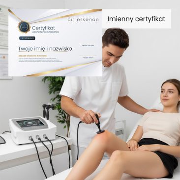 Zabieg modelowania sylwetki urządzeniem Air Essence™ CET RET w nowoczesnym gabinecie; widoczny imienny certyfikat potwierdzający ukończenie szkolenia z obsługi technologii.