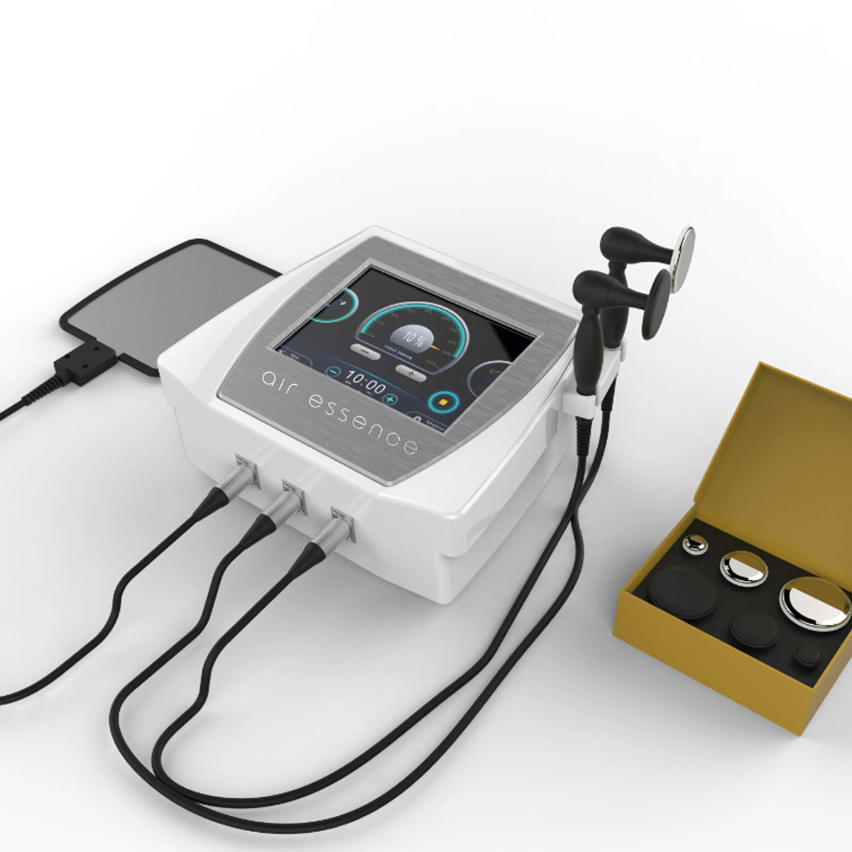 Urządzenie Air Essence™ CET RET do modelowania sylwetki i redukcji bólu (TECAR, technologia RF) białe z ekranem dotykowym i wymiennymi końcówkami.