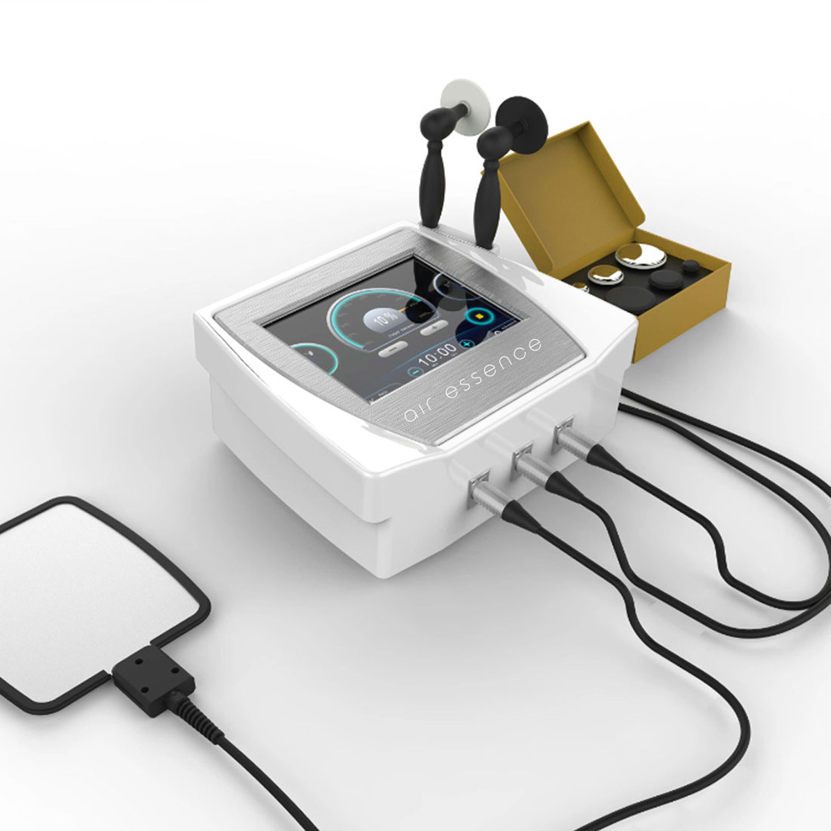 Air Essence™ CET RET, białe urządzenie elektroniczne do modelowania sylwetki i uśmierzania bólu wykorzystujące technologię TECAR i fale radiowe, posiada ekran dotykowy.