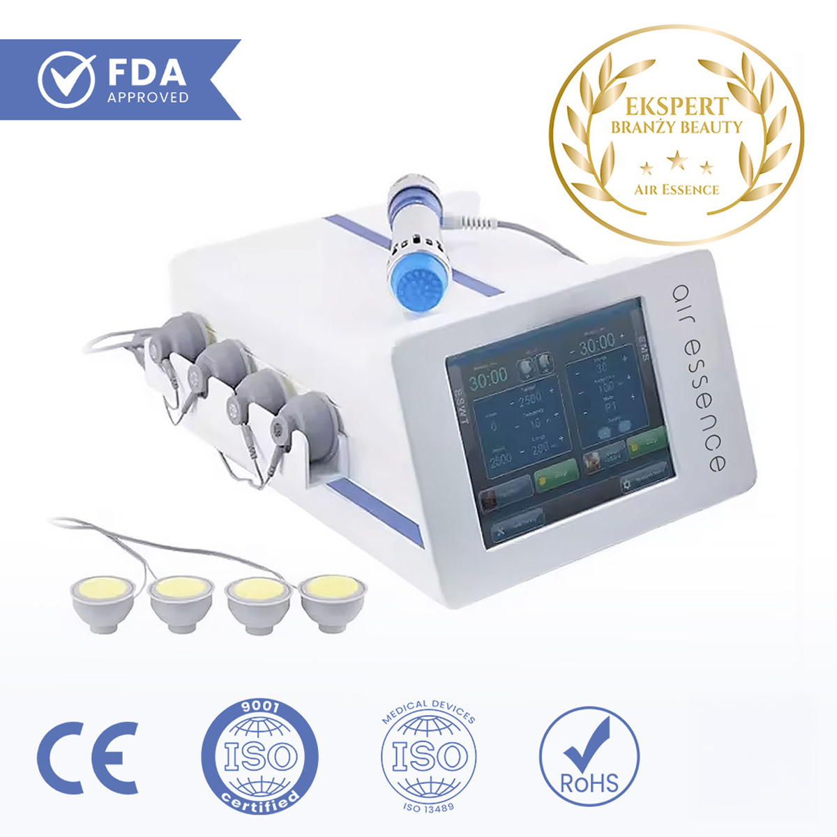 Air Essence™ Vortex V6+ to profesjonalne urządzenie łączące elektromagnetyczną falę uderzeniową skupioną oraz prądy EMS, przeznaczone do pracy w fizjoterapii i terapii tkanek miękkich. Oznaczenia CE, ISO oraz RoHS potwierdzają zgodność z normami jakości i bezpieczeństwa dla zastosowań gabinetowych.