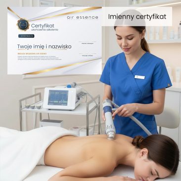Zabieg falą uderzeniową Air Essence™ Vortex V6 w gabinecie; specjalistka wykonuje terapię na plecach pacjenta, widoczny imienny certyfikat szkoleniowy.