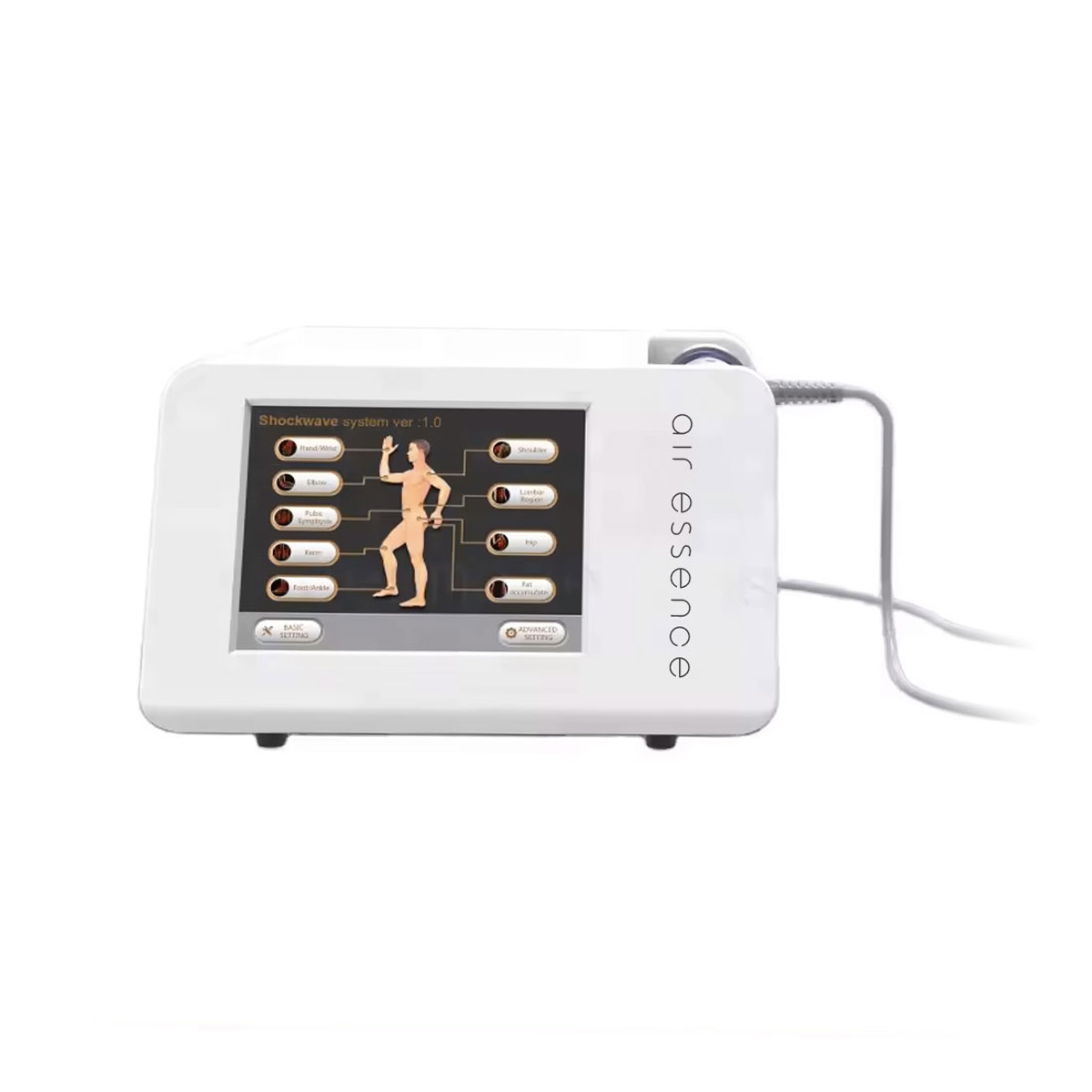 Air Essence™ Vortex V6+ – aparat do terapii elektromagnetyczną falą uderzeniową skupioną z czytelnym panelem programów zabiegowych, przeznaczony do fizjoterapii i pracy z wybranymi obszarami układu mięśniowo-szkieletowego.