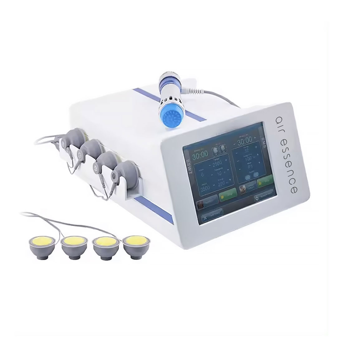 Air Essence™ Vortex V6+ to zaawansowane urządzenie łączące elektromagnetyczną falę uderzeniową skupioną oraz prądy EMS, wykorzystywane w fizjoterapii do pracy z tkankami miękkimi, terapii przeciążeń mięśni oraz wsparcia procesów regeneracyjnych.