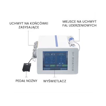Air Essence™ Vortex V6+ – urządzenie do terapii elektromagnetyczną falą uderzeniową z czytelnym wyświetlaczem oraz uchwytami na aplikatory