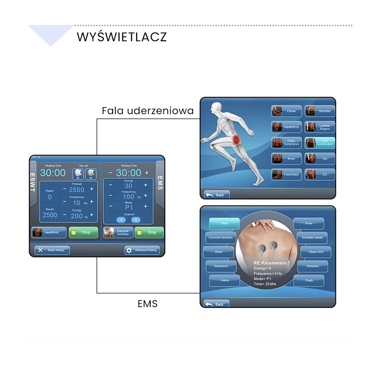 Wyświetlacz Air Essence™ Vortex V6+ z podglądem parametrów fali uderzeniowej i EMS, umożliwiający precyzyjne ustawienie programu zabiegowego oraz dostosowanie terapii do wybranego obszaru ciała.