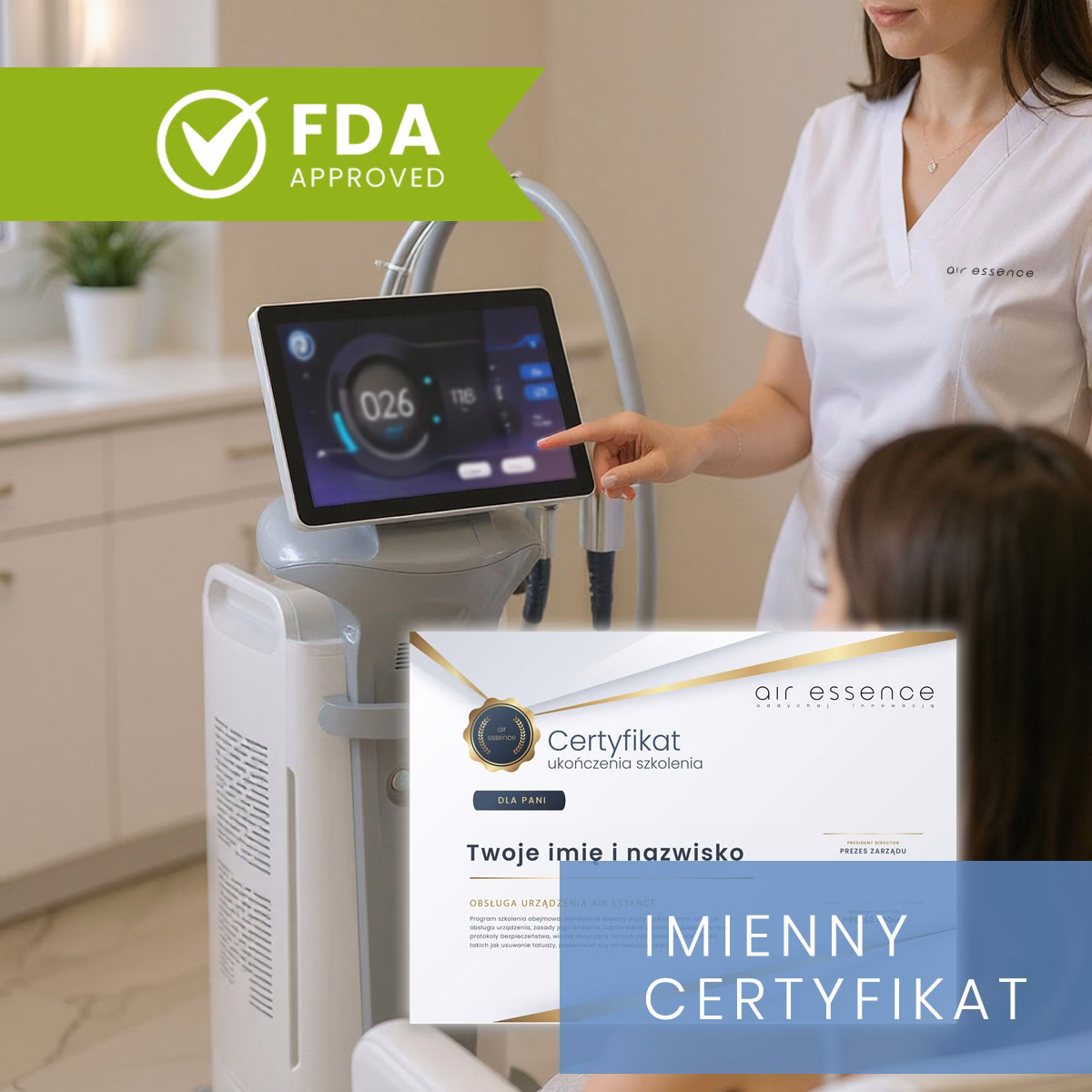 Prezentacja lasera diodowego Harmattan w gabinecie kosmetycznym z widocznym ekranem dotykowym oraz grafiką potwierdzającą certyfikat FDA i firmowy certyfikat jakości.