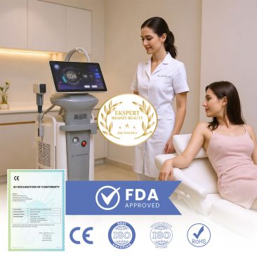 Klinicystka stoi obok siedzącej kobiety w spa lub klinice, demonstrując laser diodowy Air Essence™ Harmattan H3 do depilacji usuwanie owłosienia; logo certyfikacji i plakietka z nagrodą są widoczne na zdjęciu.
