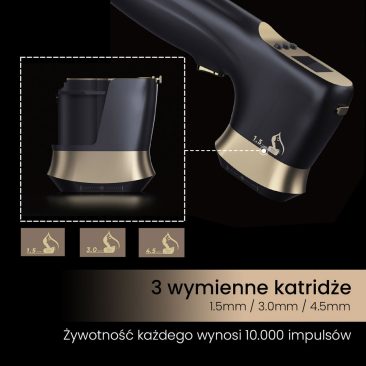Aparat Air Essence™ HIFU 22D MAX do liftingu twarzy i ciała w kolorach czerni i złota z trzema wymiennymi kartridżami 1.5mm, 3.0mm, 4.5mm; każdy kartridż wytrzymuje 10 000 impulsów.