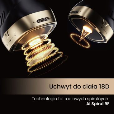 Zbliżenie na futurystyczne urządzenie ze złotymi akcentami emitujące spiralne fale radiowe, przedstawiające Aparat Air Essence™ HIFU 22D MAX do liftingu twarzy i ciała z zaawansowaną technologią AI Spiral RF na ciemnym tle.