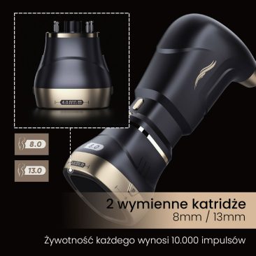 Zbliżenie na Aparat Air Essence™ HIFU 22D MAX pokazuje czarno-złote urządzenie z dwoma wymiennymi kartridżami (8,0 mm, 13,0 mm) do liftingu twarzy i ciała; polski tekst informuje, że każdy kartridż wystarcza na 10 000 impulsów.