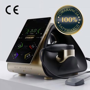 Aparat Air Essence™ HIFU 22D MAX do liftingu twarzy i ciała posiada dotykowy ekran, w góry złota plakietka z napisem 