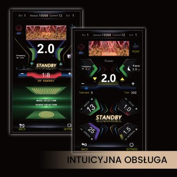 Dwa eleganckie ekrany Aparat Air Essence™ HIFU 22D MAX wyświetlają panele sterowania z liczbami, kolorowymi wskaźnikami, wykresami i napisem 