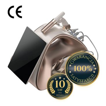 Aparat Air Essence™ HIFU 12D do liftingu twarzy i ciała, nowoczesne urządzenie kosmetyczne z ekranem dotykowym, metalową obudową, oznaczeniem CE oraz dwoma plombami: 10 lat na rynku i Gwarancja 100% satysfakcji.