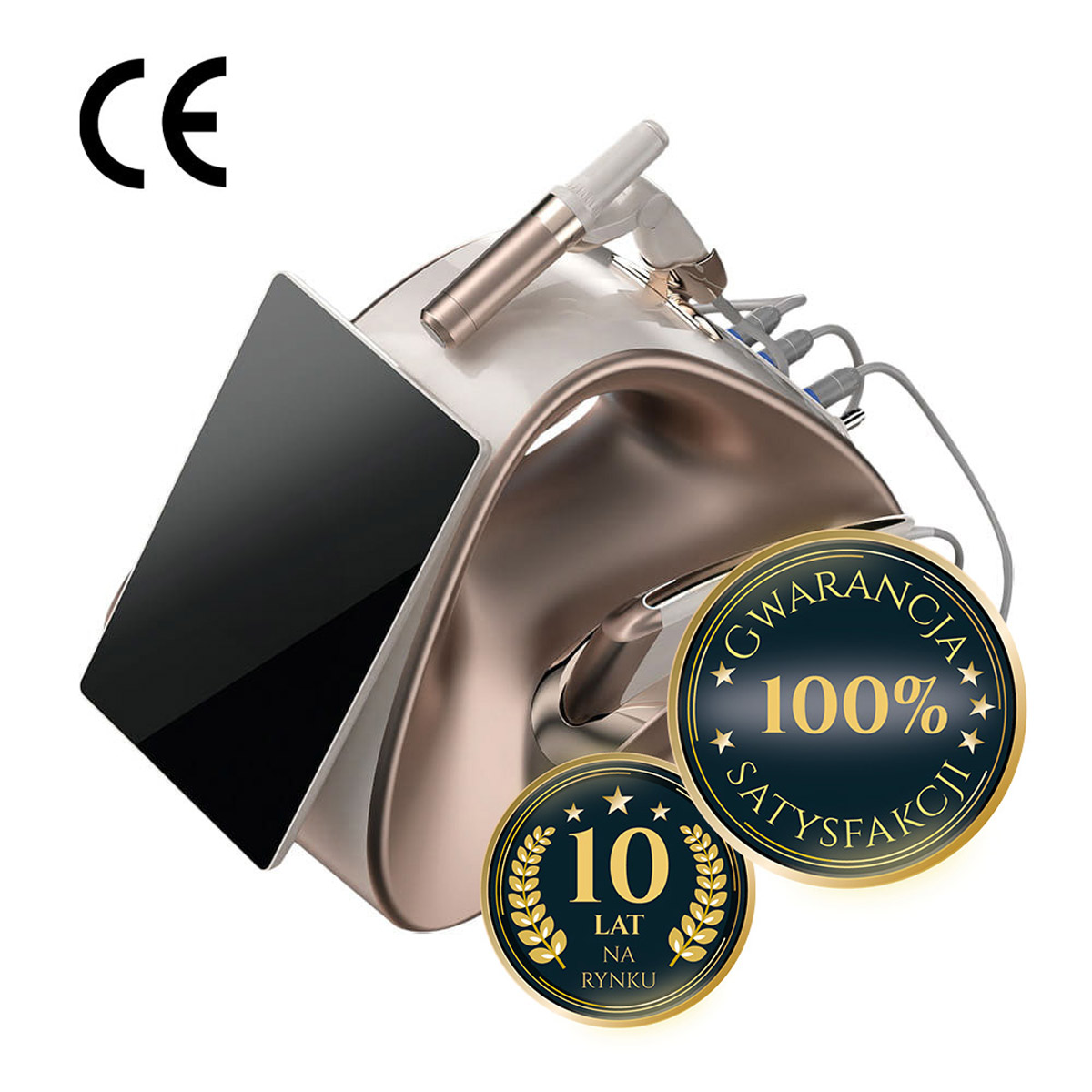 Aparat Air Essence™ HIFU 12D do liftingu twarzy i ciała, nowoczesne urządzenie kosmetyczne z ekranem dotykowym, metalową obudową, oznaczeniem CE oraz dwoma plombami: 10 lat na rynku i Gwarancja 100% satysfakcji.