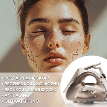 Kobieta z popękaną, suchą skórą twarzy ma zamknięte oczy. Polski tekst nakładki podkreśla zalety pielęgnacji skóry, a Aparat Air Essence™ HIFU 12D do liftingu twarzy i ciała pojawia się elegancko w prawym dolnym rogu.