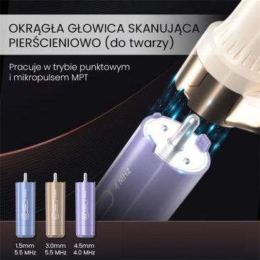 Zbliżenie na Aparat Air Essence™ HIFU 12D do liftingu twarzy i ciała pokazuje okrągłą głowicę skanującą emitującą niebieskie światło, z trzema wymiennymi końcówkami (1,5 mm, 3,0 mm, 4,5 mm) wyświetlanymi poniżej i polskim tekstem opisującym urządzenie.
