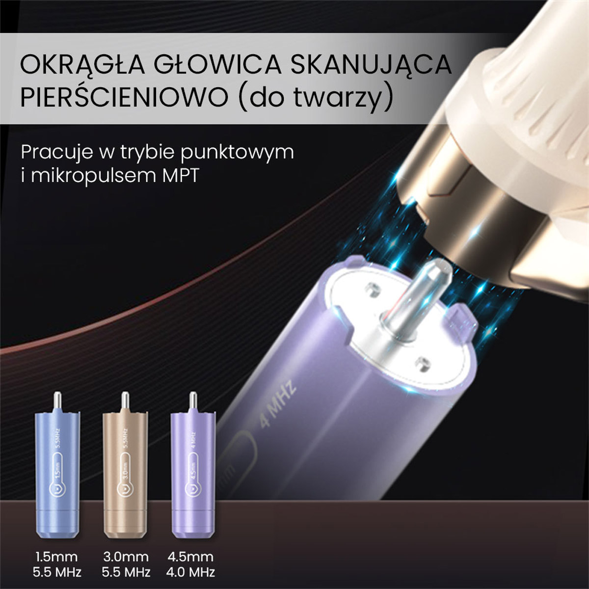 Zbliżenie na Aparat Air Essence™ HIFU 12D do liftingu twarzy i ciała pokazuje okrągłą głowicę skanującą emitującą niebieskie światło, z trzema wymiennymi końcówkami (1,5 mm, 3,0 mm, 4,5 mm) wyświetlanymi poniżej i polskim tekstem opisującym urządzenie.
