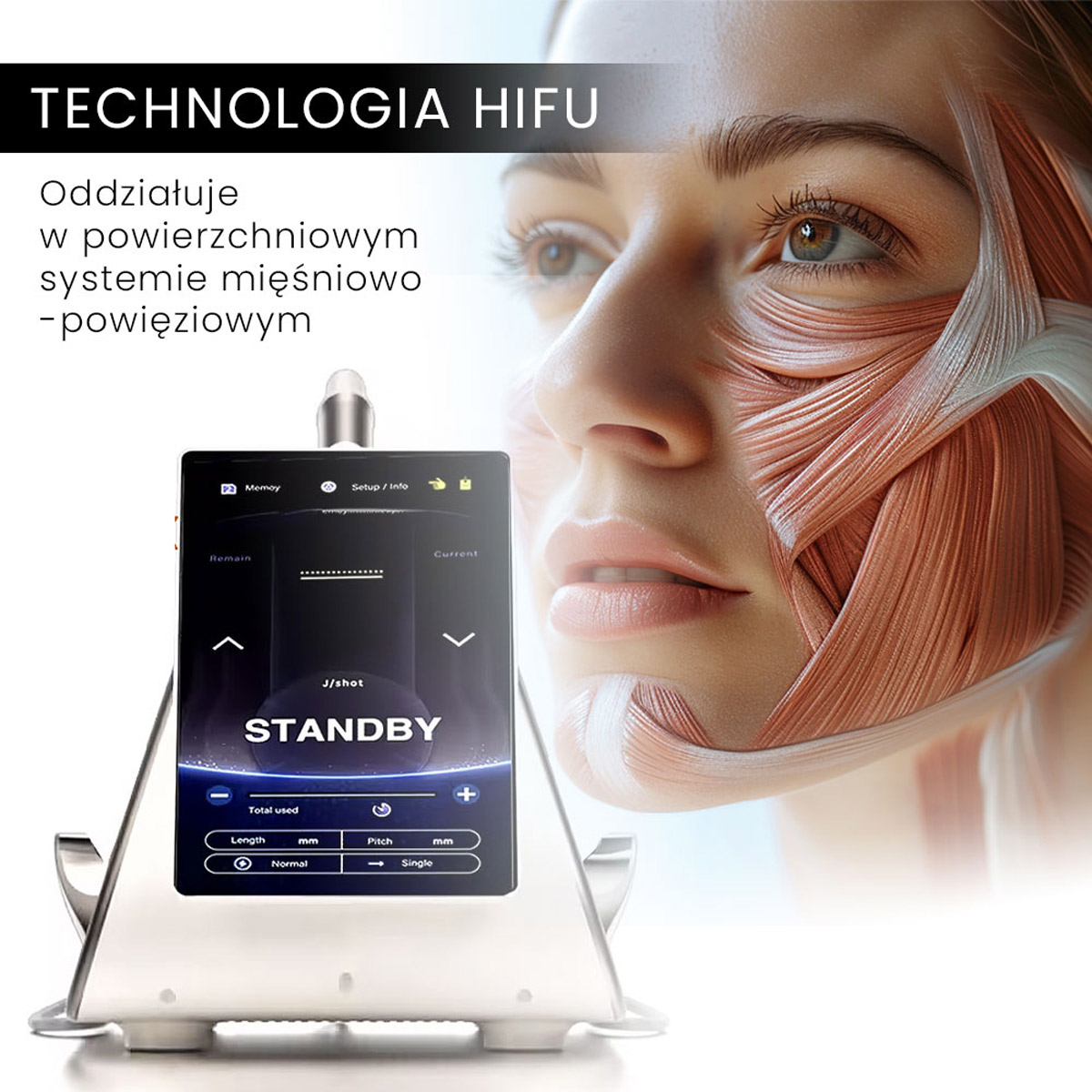 Aparat Air Essence™ HIFU 12D do liftingu twarzy i ciała znajduje się na pierwszym planie z włączonym ekranem. W tle widoczna jest kobieta z diagramem mięśni twarzy i polskim opisem technologii.