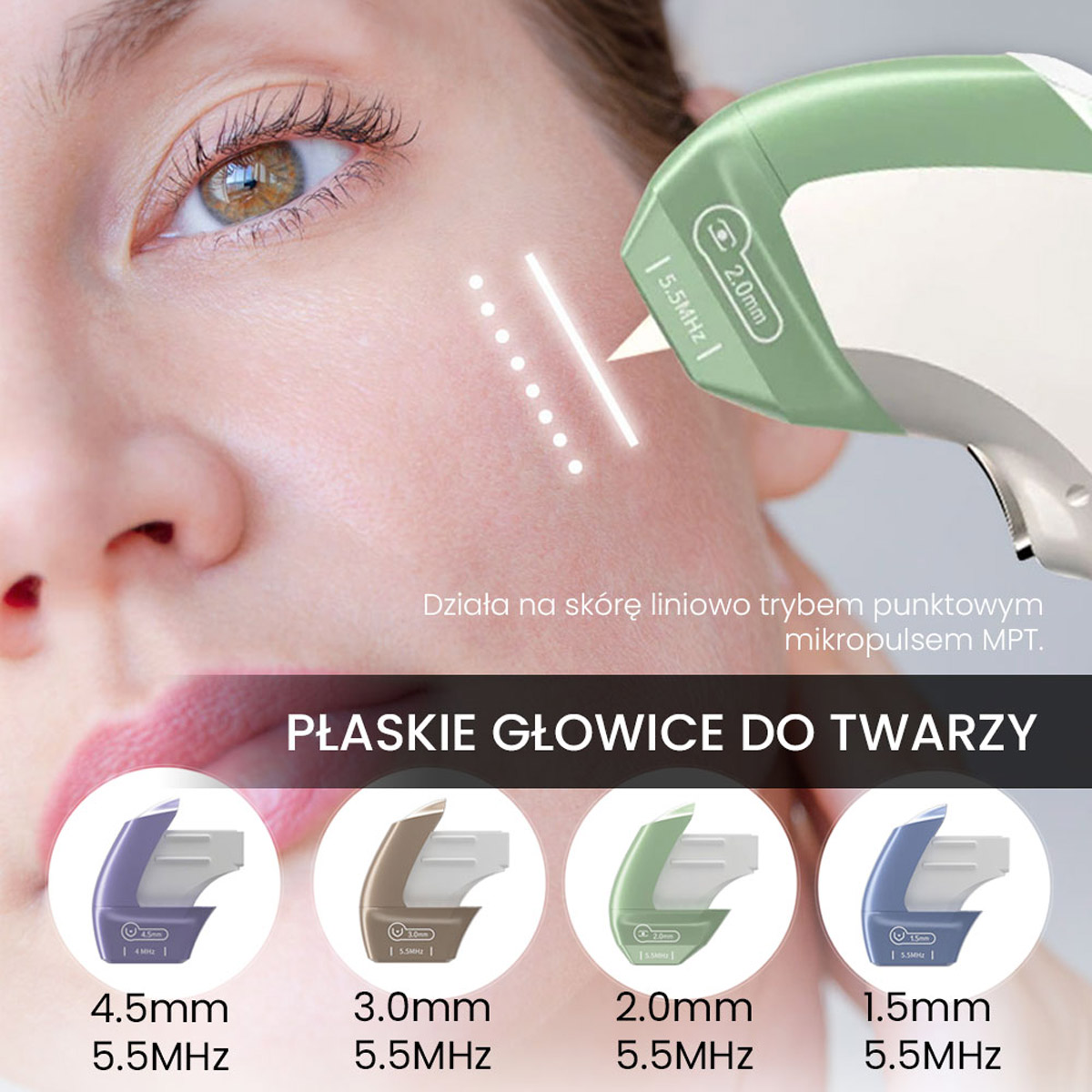 Zbliżenie twarzy kobiety korzystającej z Aparat Air Essence™ HIFU 12D do liftingu twarzy. Poniżej znajdują się zdjęcia czterech wymiennych głowic, z których każda jest oznaczona różnymi rozmiarami i częstotliwościami dla ukierunkowanych zabiegów.