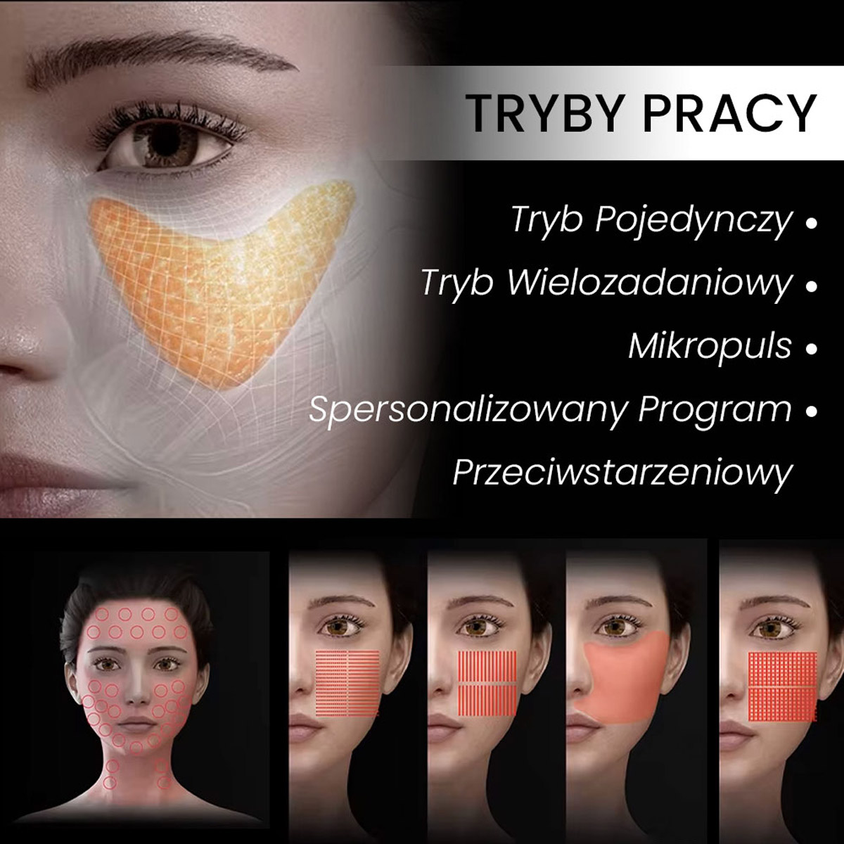 Przedstawiono twarz kobiety z uwydatnionymi policzkami i nakładką siatkową. Poniżej znajdują się cztery schematy zabiegów na twarz. Po prawej stronie opisano tryby Aparatu Air Essence™ HIFU 12D do liftingu twarzy i ciała.