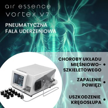Air Essence™ Vortex V7 – pneumatyczna fala uderzeniowa do fizjoterapii i rehabilitacji, stosowana w terapii układu mięśniowo-szkieletowego, pracy z powięzią oraz wsparciu terapii kręgosłupa i przeciążeń mięśni.