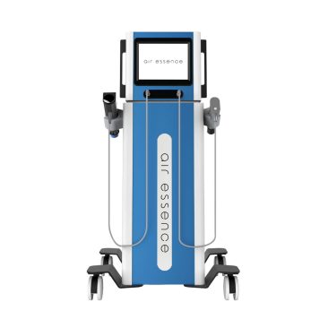 Fala uderzeniowa Air Essence™ Vortex V12 to niebiesko-białe urządzenie z ekranem na górze, dwoma ręcznymi przystawkami po obu stronach i kółkami u podstawy. Zapewnia skoncentrowaną terapię elektromagnetyczną i pneumatyczną falą uderzeniową.